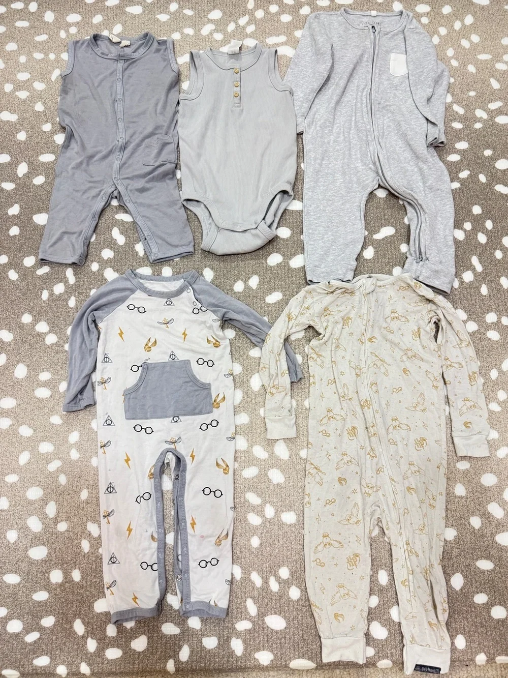 Lot of 5 Bamboo harry potter coverall romper onesie zippy playsuit neutral baby